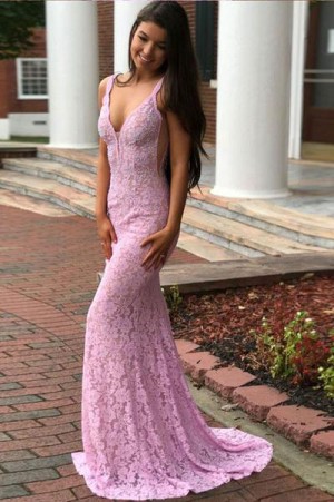 Pink Sheath Brush Train Deep V Neck Sleeveless Backless Lace Prom Dress – Ombreprom