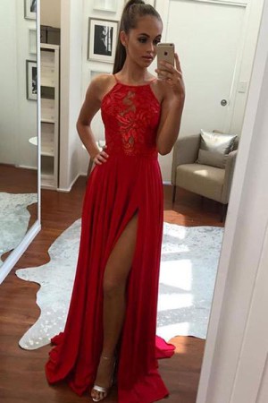 Cheap Red Chiffon Halter Sleeveless Floor-Length Side Slit Long Prom Dress – Ombreprom