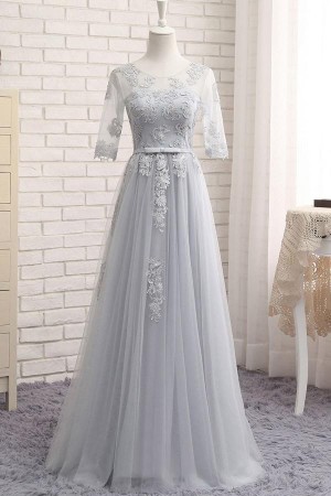 Gray A Line Sheer Neck Half Sleeve Appliques Cheap Bridesmaid Dresses – Ombreprom