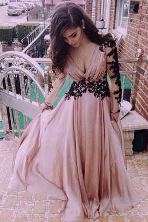 Lace Prom Dresses, Evening Prom Gowns, Long Sleeve V-Neck Prom Dresses – Ombreprom