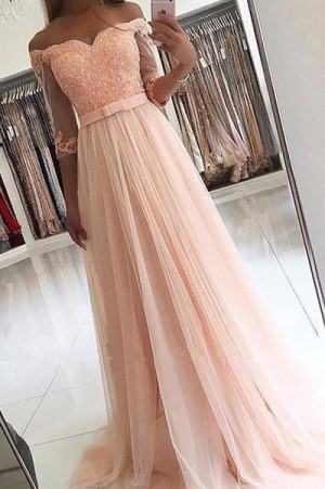 Pink A Line Brush Train Off Shoulder Half Sleeve Layers Tulle Prom Dress – Ombreprom