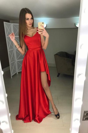 Red A Line Brush Train Scoop Neck Sleeveless Side Slit Prom Dress – Ombreprom