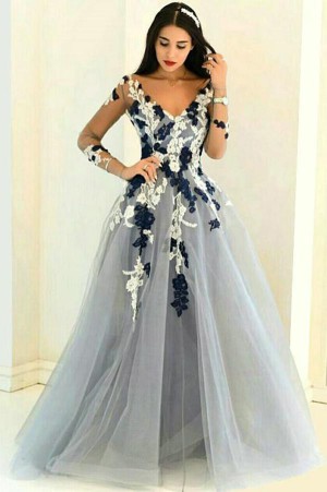 V-neck Long Sleeves See-through Handmade Flowers A-line Prom Dresses – Ombreprom