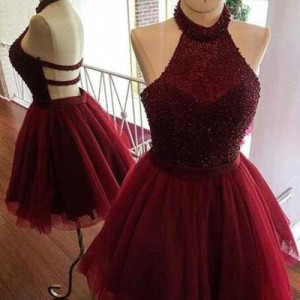 Halter Homecoming Dress,Sleeveless Open Back Beading Short Prom Dress – Ombreprom