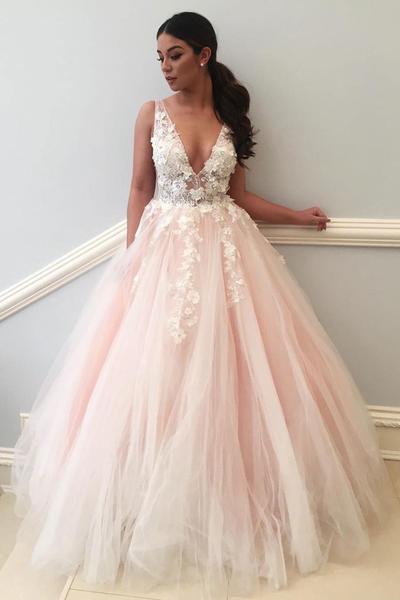 Pink A Line Floor Length Deep V Neck Sleeveless Appliques Wedding Dress – Ombreprom