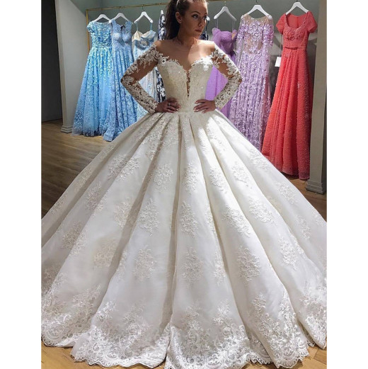 2018 Scoop Long Sleeves Ball Gown Wedding Dresses Tulle With Applique Sweep Train #Scoop #LongSl ...