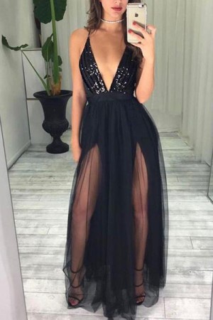 Sexy Black Spaghetti Straps Deep V Neck With Beading Prom Dress P652 – Ombreprom