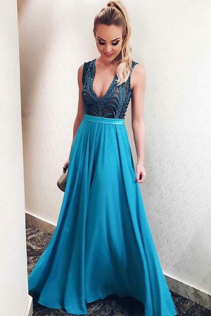 Elegant Blue Satin V Neck Open Back Sleeveless Prom Dress P717
– Ombreprom