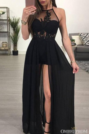 Chic Halter Black Lace Top Chiffon Prom Dress with Split Side D15