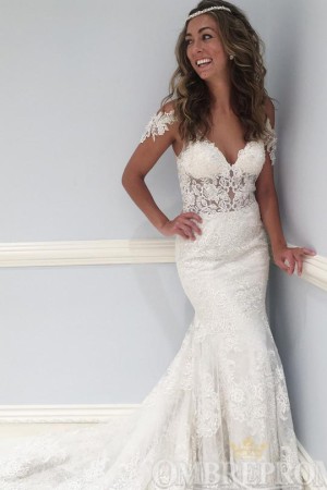 Gorgeous V Neck Lace Sweep Train Mermaid Wedding Dress W762