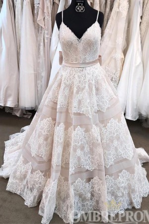 Illusion Spaghetti Straps Appliques A Line Lace Wedding Dress W761