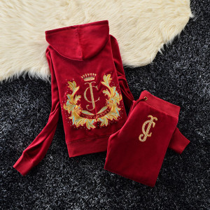 Juicy Couture Studded JC Crown Velour Tracksuit 6020 2pcs Women Suits Red