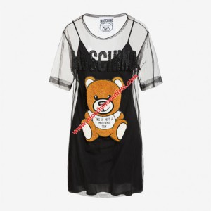 Moschino Embroidery Teddy Bear Womens Short Sleeves Tulle Dress Black