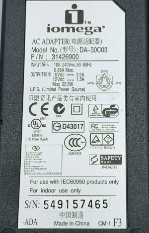 New Iomega DA-30C03 31426900 AC Adapter Charger 5V/2.5A 12V/1.5A for External Storage Media 
htt ...