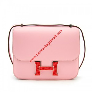 Hermes Constance Bag Calfskin Red Lizard Enamel Hardware In Pink