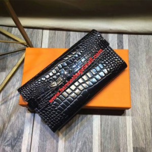 Hermes Kelly Wallet Alligator Leather Palladium Hardware In Black