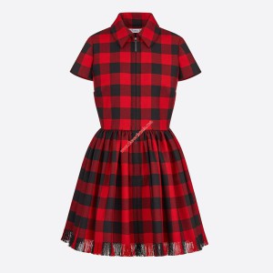 Dior Fringed Dress In Check Motif Wool Red