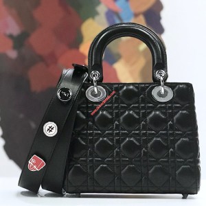 Small Lady Dior Lambskin Bag with 3 Badges Shoulder Strap Black
