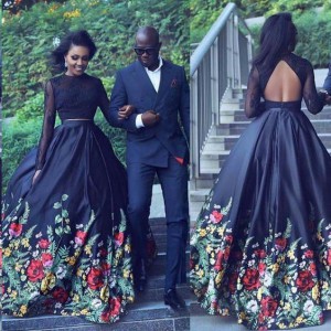 Two Piece Lace Floral Print Black Sexy Open Back Long Sleeve High Neck Prom Dresses PW56 on sale ...