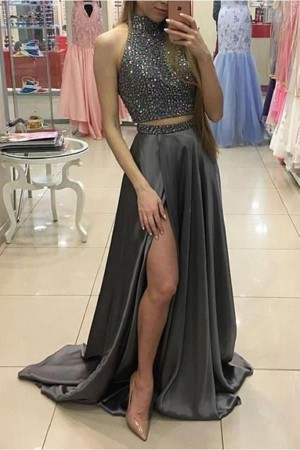 Two Pieces Gray Beading Long A-Line Front Split Elegant Prom Dresses F – smilepromdress-es
https ...