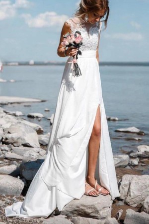 Chiffon Beach Wedding Dress With Slit, See-Through Applique Wedding Dress PW309 – MyGirlProm.com