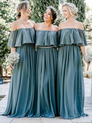 A Line Long Chiffon Off the Shoulder Slate Gray Mismatched Bridesmaid Dresses PW287 on sale – Sm ...
