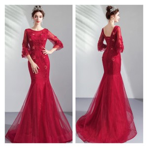 Short Sleeve Red Mermaid Formal Dresses Floor Length Organza Plus Size Evening Wear