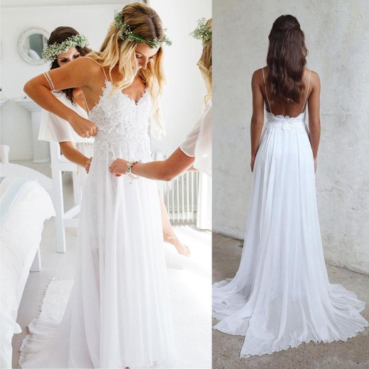 Boho Beach Wedding Dresses Sexy Open Backs Lace White Wedding Gown – rjerdress