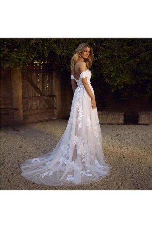 Simple A-Line Off The Shoulder White Beach Wedding Dresses – rjerdress