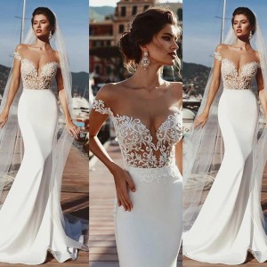 Stunning Mermaid Cap Sleeve Sheer Neck Long Wedding Dresses Beach Wedd – rjerdress