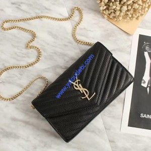 Saint Laurent Monogram Chain Wallet In Grained Matelasse Leather Black