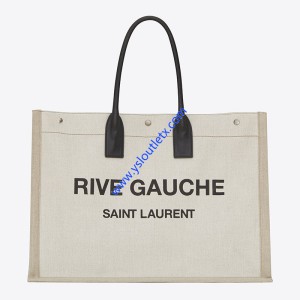 Saint Laurent Rive Gauche Tote Bag In Linen And Leather White