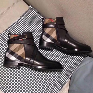 Burberry House Check And Leather Women Ankle Boots Black