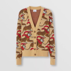 Burberry Tiger Graphic Technical Wool Jacquard Cardigan Beige