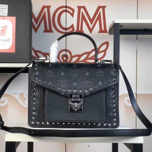 MCM Patricia Outline Studded Visetos Pocket Satchel In Black