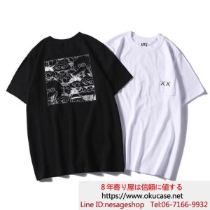 UNQ&KAWS Tシャツ 半袖シャツ 収納ポケット カジュアル メンズ レディース レジャー ランニングシ ...