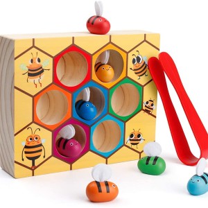 Toddler Fine Motor Skill Toy, Clamp Bee to Hive Matching Game, Montessori Wooden Color Sorting P ...