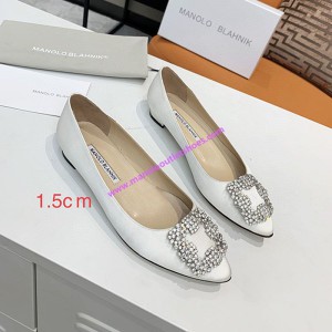 Manolo Blahnik Hangisi Flats Satin With Square Crystal Buckle White