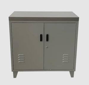 Steel double-door cabinet with wooden desktop applicate in restaurants, hotel rooms and offices