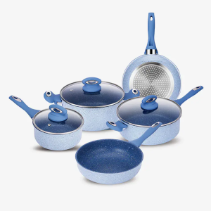 Blue Nonstick Rolled Edge Cookware Set With Soft Touch Bakelite Handle

15 years of cookware man ...