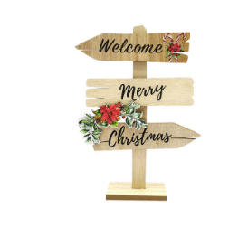 With the saying ‘Welcome Merry Christmas’, printed words in different boards pointin ...