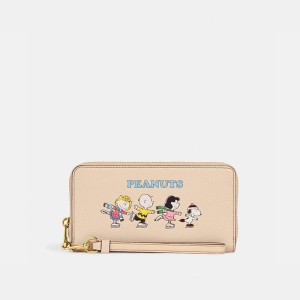 Coach Long Zip Around Wallet in Pebble Leather with Peanuts Snoopy and Friends Motif Apricot