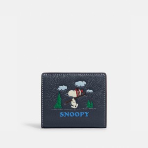 Coach Snap Wallet in Pebble Leather with Peanuts Snoopy Ski Motif Navy Blue