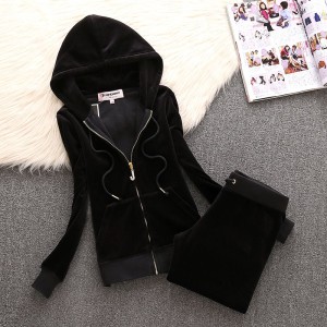 Juicy Couture Simple Pure Color Velour Tracksuits 611 2pcs Women Suits Black