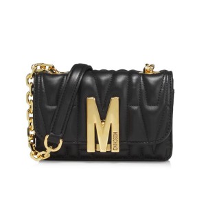 Moschino M Logo Quilted Leather Shoulder Bag Black