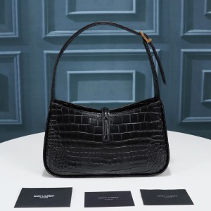 Saint Laurent Le 5 A 7 Hobo Bag In Crocodile-Embossed Shiny Leather Black/Gold