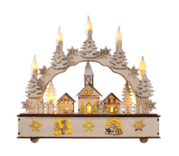 Featuring 7 bright candles, small green grass wreaths, and a wooden finish bridge, this wooden b ...