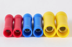 PVC insulated butt splice connector designed for low-voltage wire joining. The structure uses a  ...