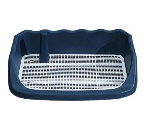 This dog toilet features high side walls and a central post structure. It is designed to help co ...